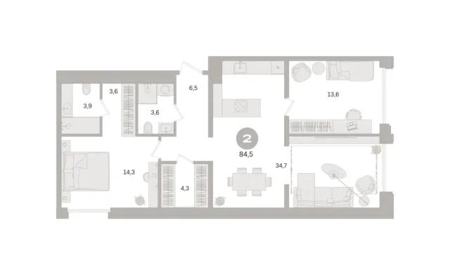 2 комн. Квартира 84.5 кв. м