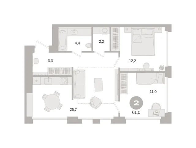 2 комн. Квартира 61 кв. м