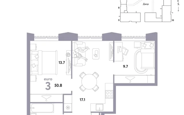 3 комн. Квартира 50.8 кв. м, Москва