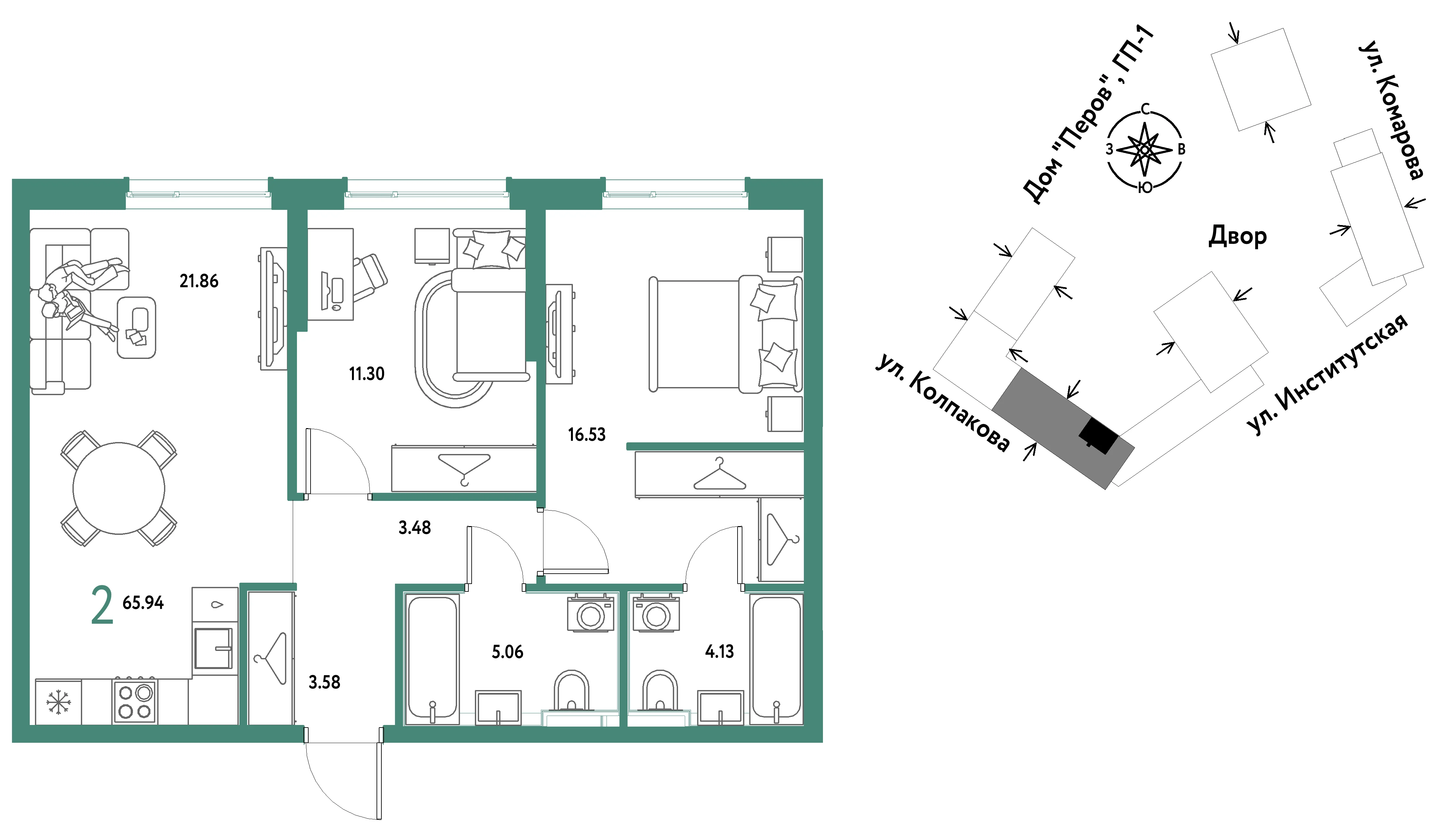 2 комн. Квартира 65.9 кв. м