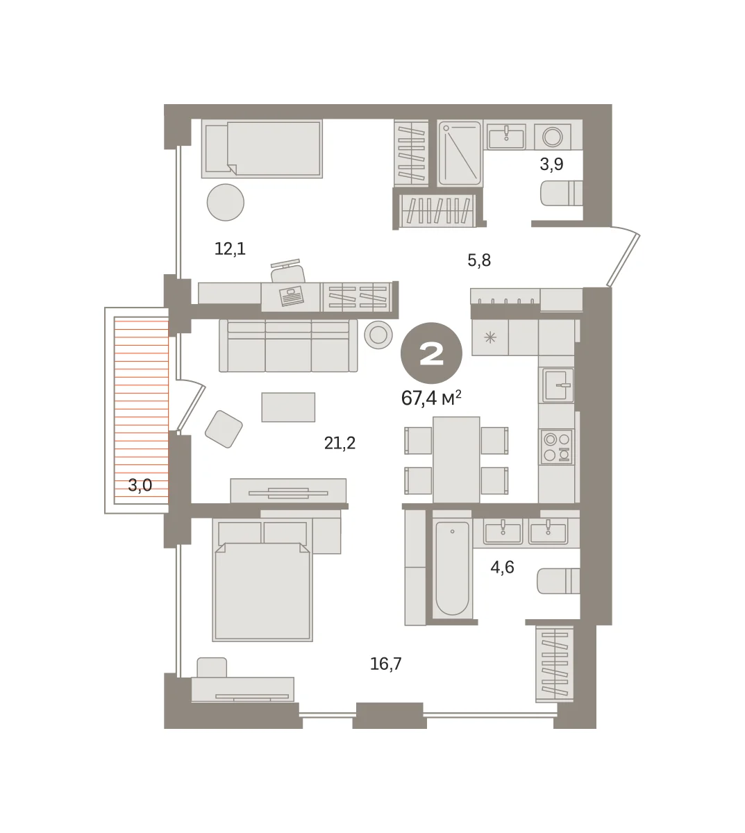 2 комн. Квартира 67.4 кв. м