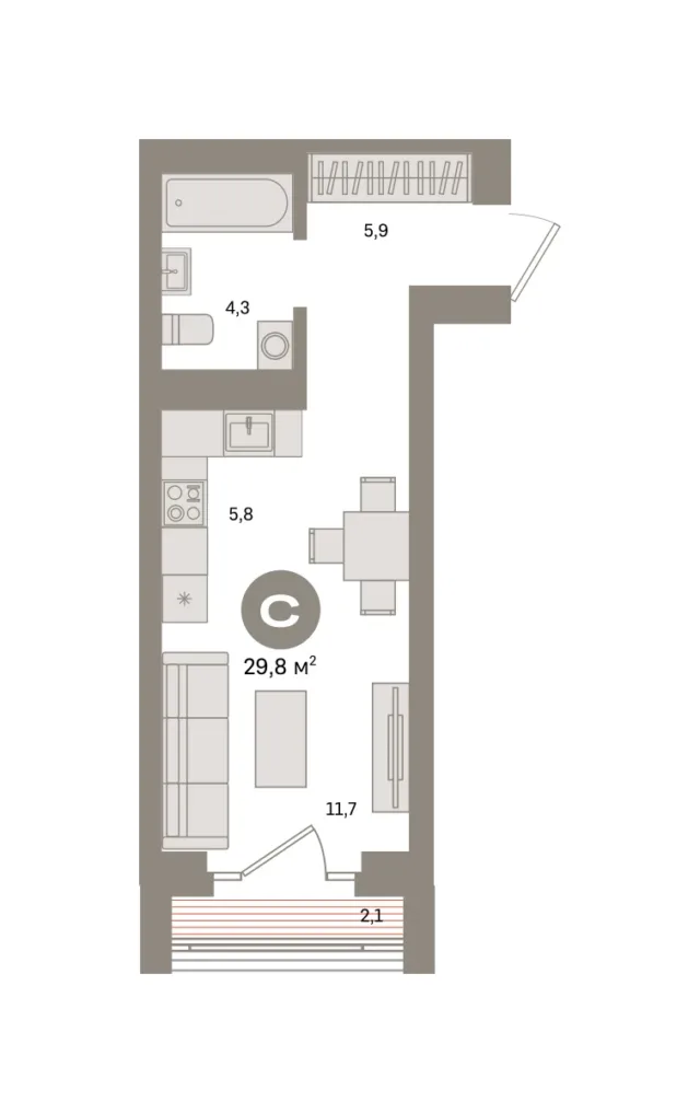 Квартира 29.8 кв. м