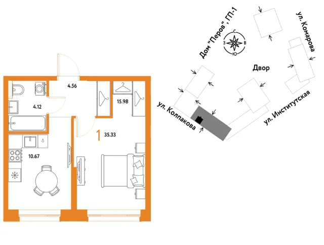 1 комн. Квартира 35.3 кв. м