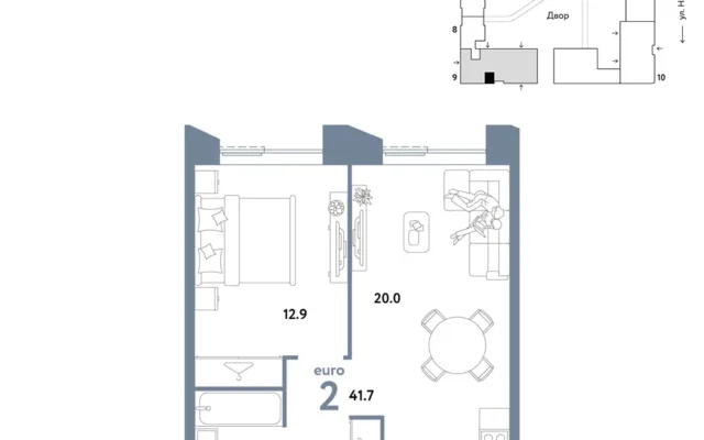 2 комн. Квартира 41.7 кв. м, Москва