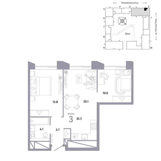 3 комн. Квартира 51.7 кв. м