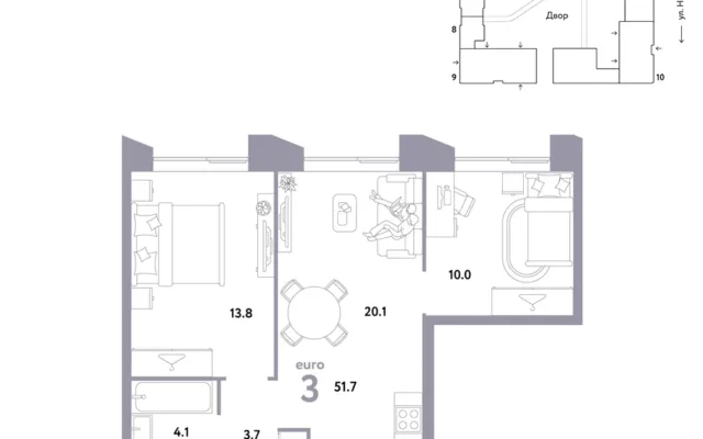 3 комн. Квартира 51.7 кв. м, Москва