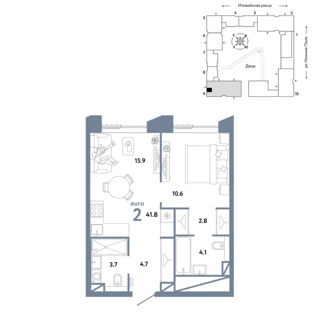 2 комн. Квартира 41.8 кв. м