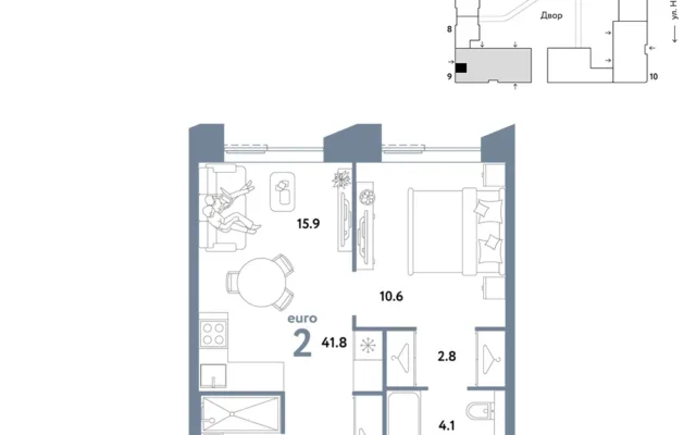 2 комн. Квартира 41.8 кв. м, Москва
