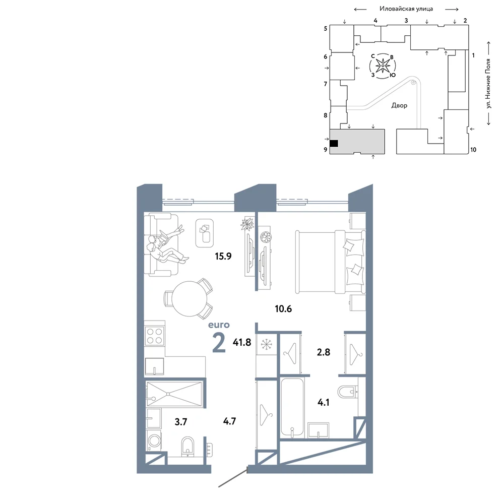 2 комн. Квартира 41.8 кв. м
