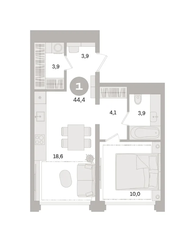 1 комн. Квартира 44.4 кв. м