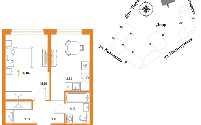 1 комн. Квартира 39.8 кв. м, Москва