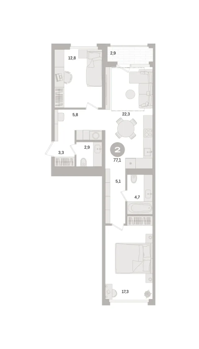 2 комн. Квартира 77.1 кв. м