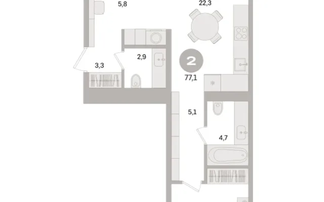 2 комн. Квартира 77.1 кв. м, Московская область Москва