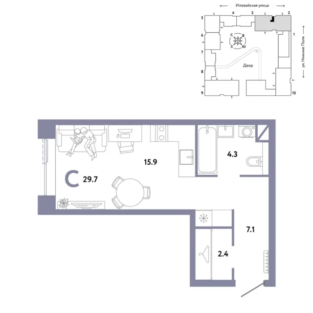 1 комн. Квартира 29.7 кв. м