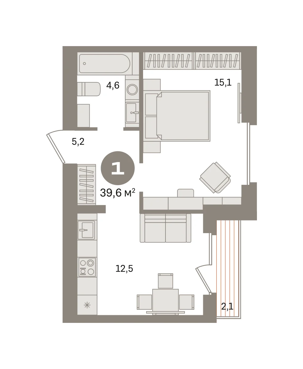 1 комн. Квартира 39.6 кв. м