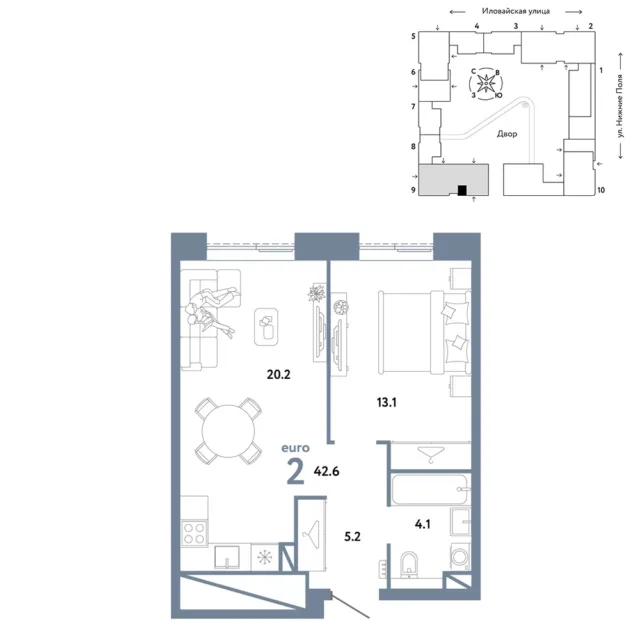 2 комн. Квартира 42.6 кв. м