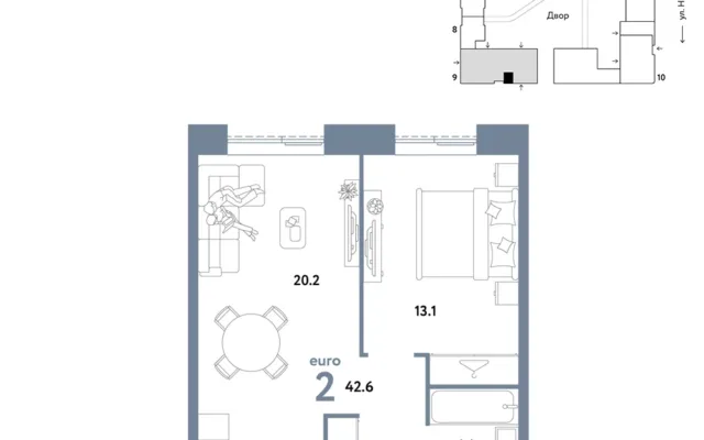 2 комн. Квартира 42.6 кв. м, Москва