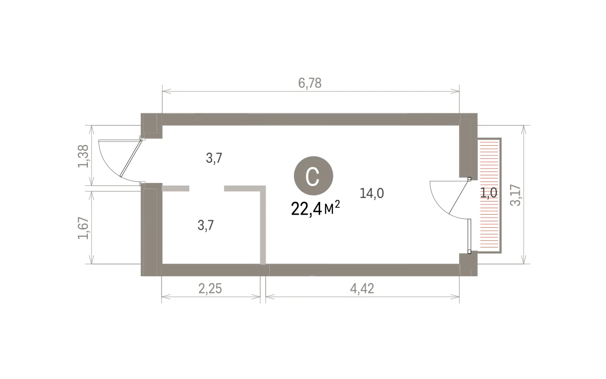 Квартира 22.4 кв. м