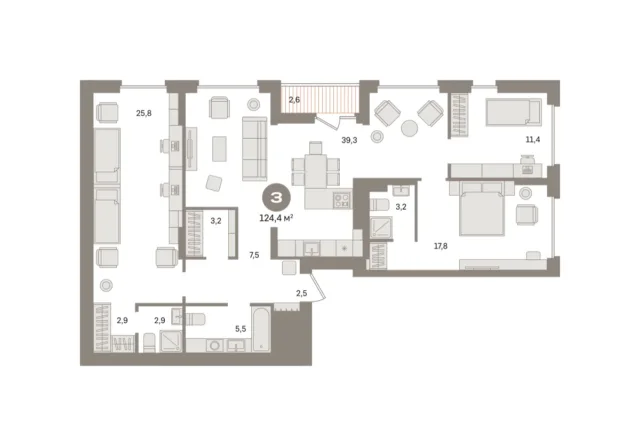 3 комн. Квартира 124.4 кв. м