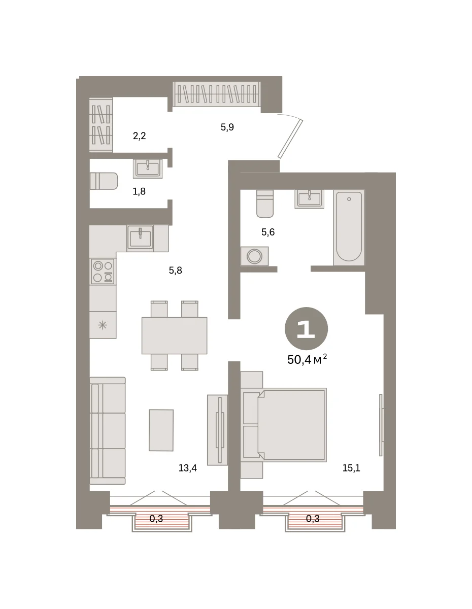 1 комн. Квартира 50.4 кв. м