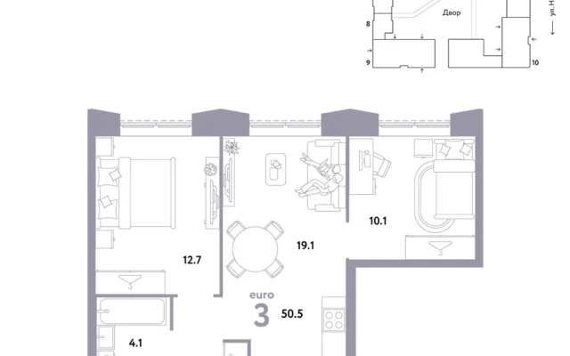 3 комн. Квартира 50.5 кв. м, Москва