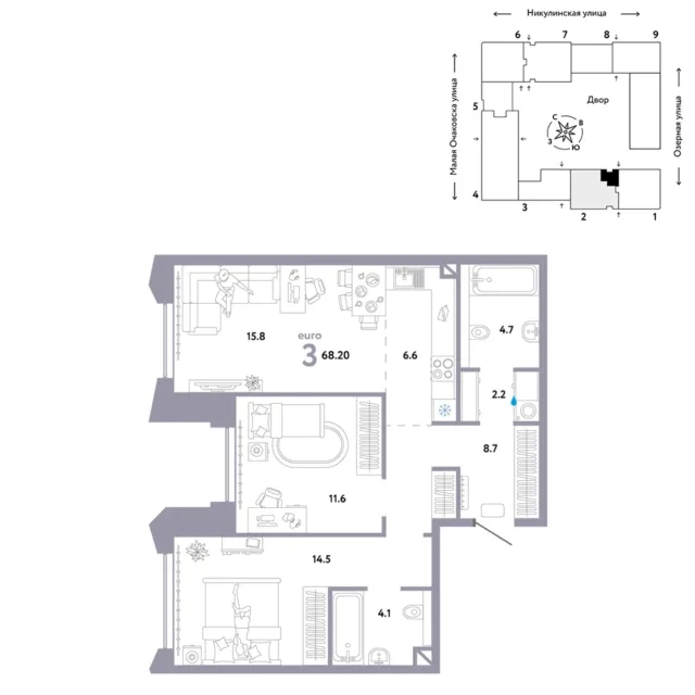 3 комн. Квартира 68.4 кв. м