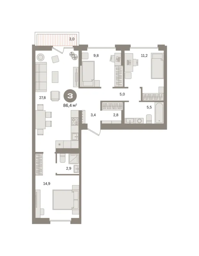 3 комн. Квартира 86.4 кв. м