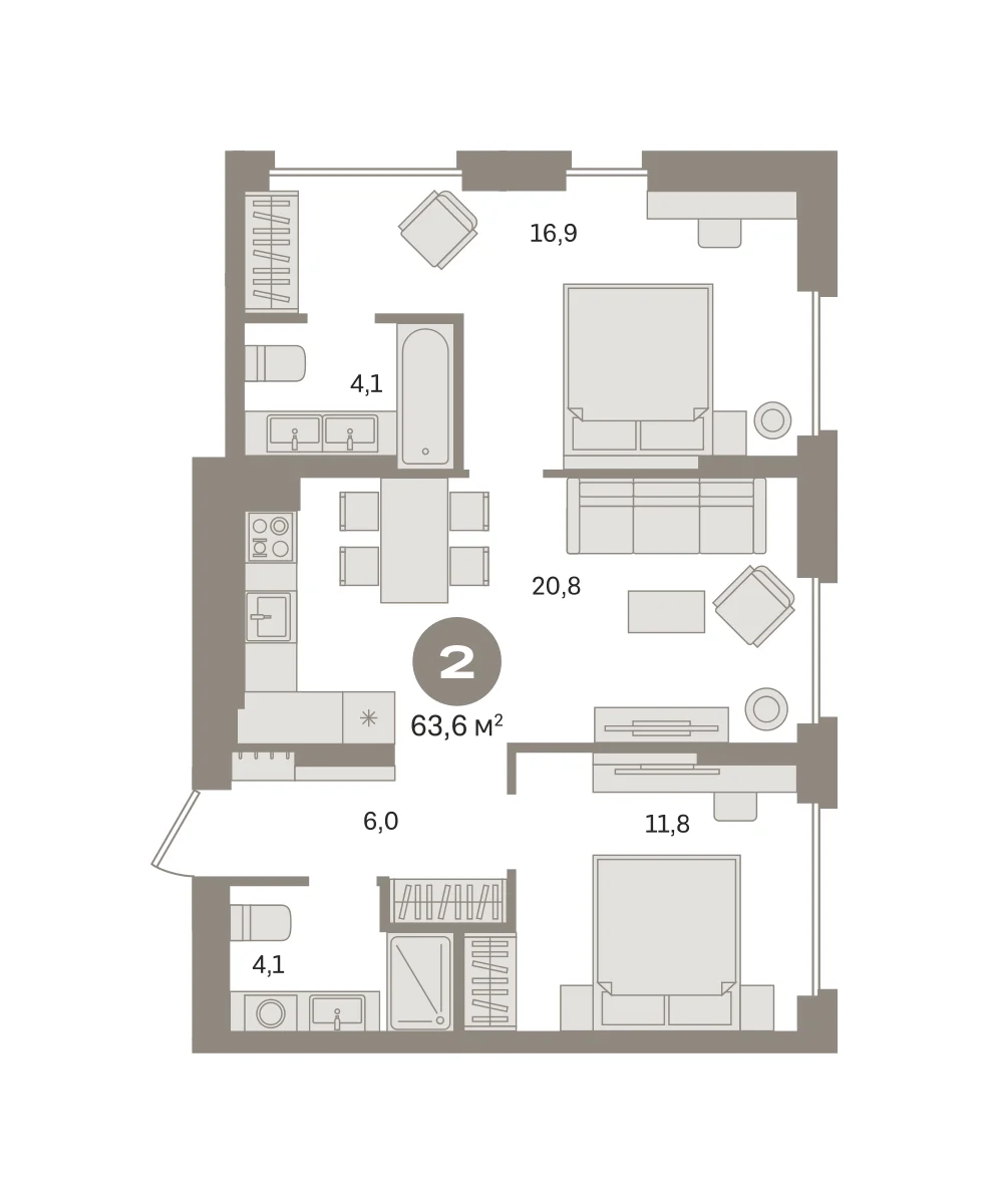 2 комн. Квартира 63.6 кв. м