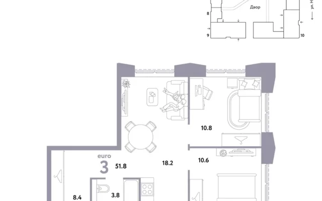 3 комн. Квартира 51.8 кв. м, Москва