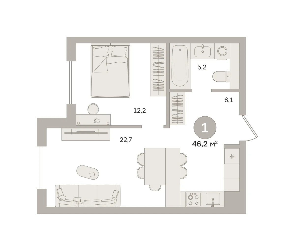 1 комн. Квартира 46.3 кв. м