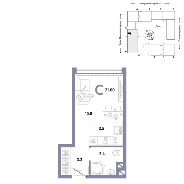 1 комн. Квартира 21 кв. м