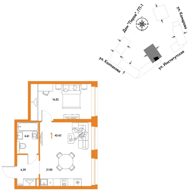 1 комн. Квартира 45.4 кв. м