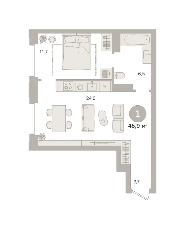 1 комн. Квартира 45.8 кв. м