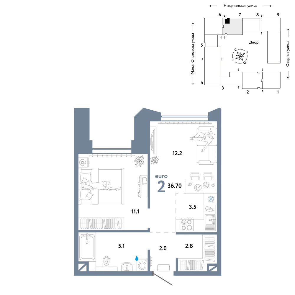 2 комн. Квартира 37.8 кв. м