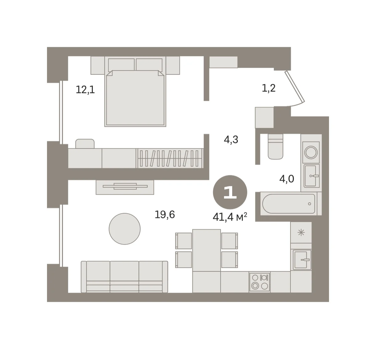 1 комн. Квартира 41.4 кв. м