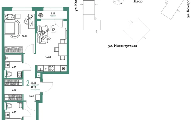 2 комн. Квартира 59.5 кв. м, Москва