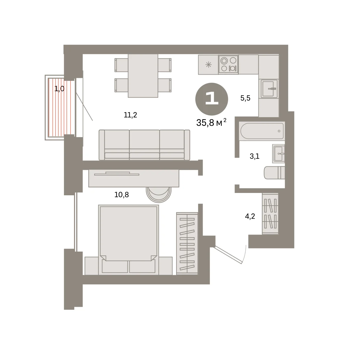 1 комн. Квартира 35.8 кв. м