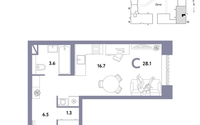 1 комн. Квартира 28.1 кв. м, Москва