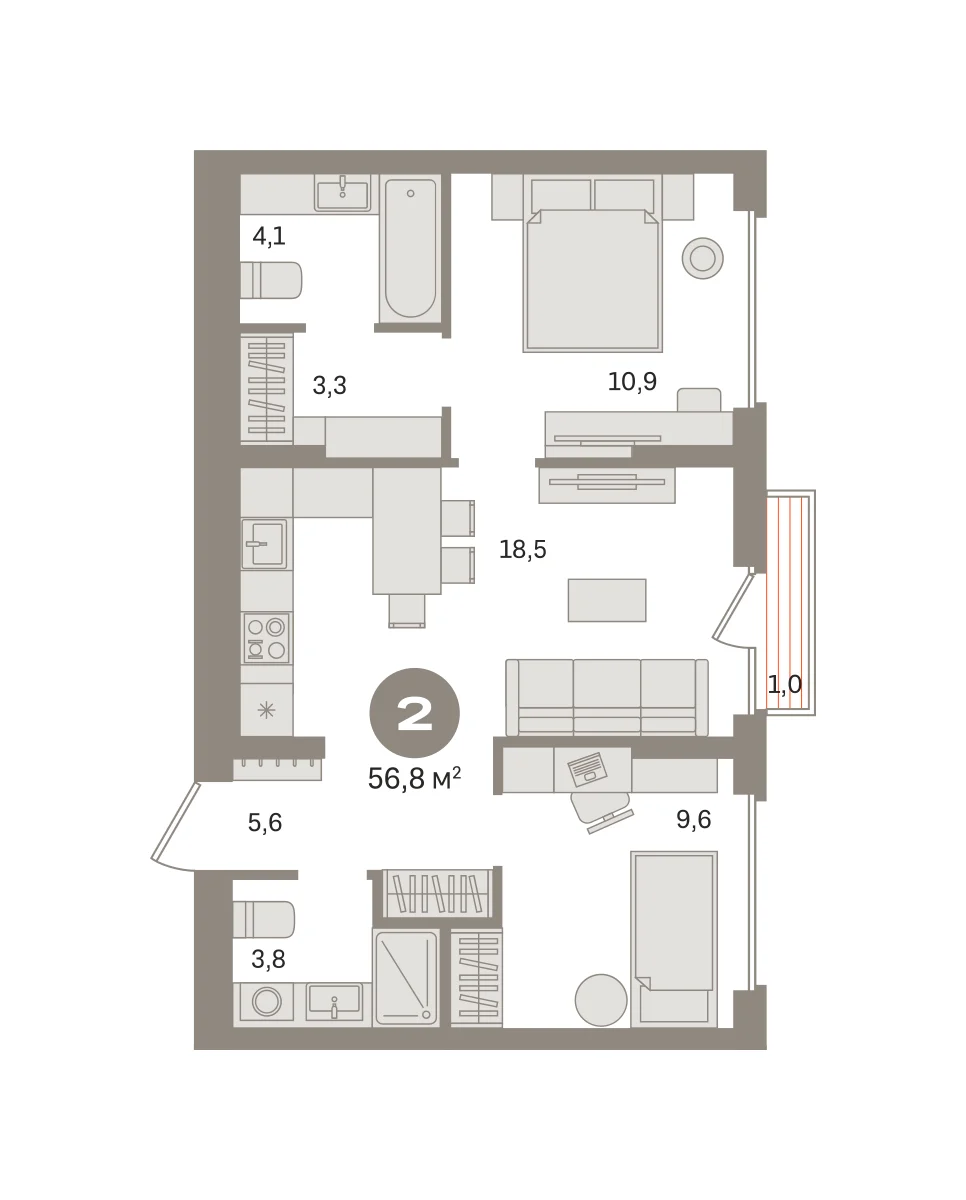 2 комн. Квартира 56.8 кв. м