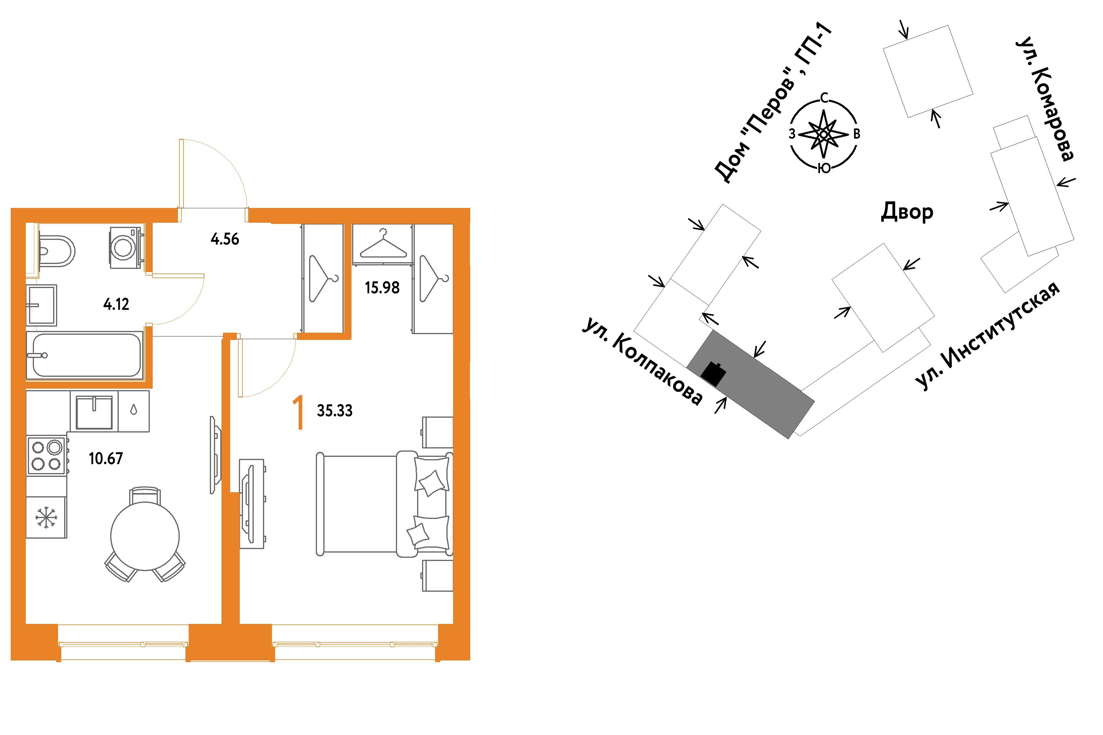1 комн. Квартира 35.3 кв. м