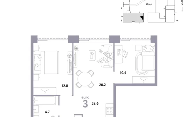 3 комн. Квартира 52.6 кв. м, Москва