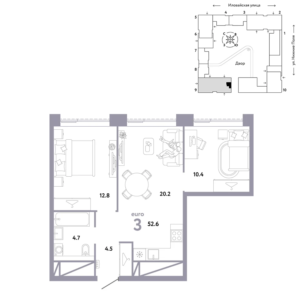 3 комн. Квартира 52.6 кв. м