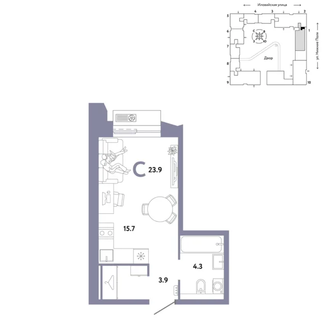 1 комн. Квартира 23.9 кв. м
