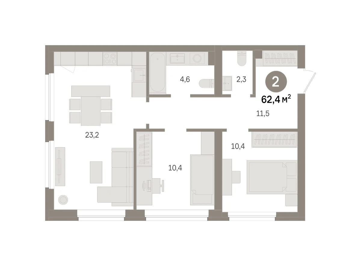 2 комн. Квартира 62.4 кв. м