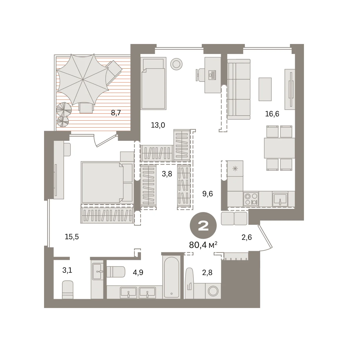 2 комн. Квартира 80.4 кв. м