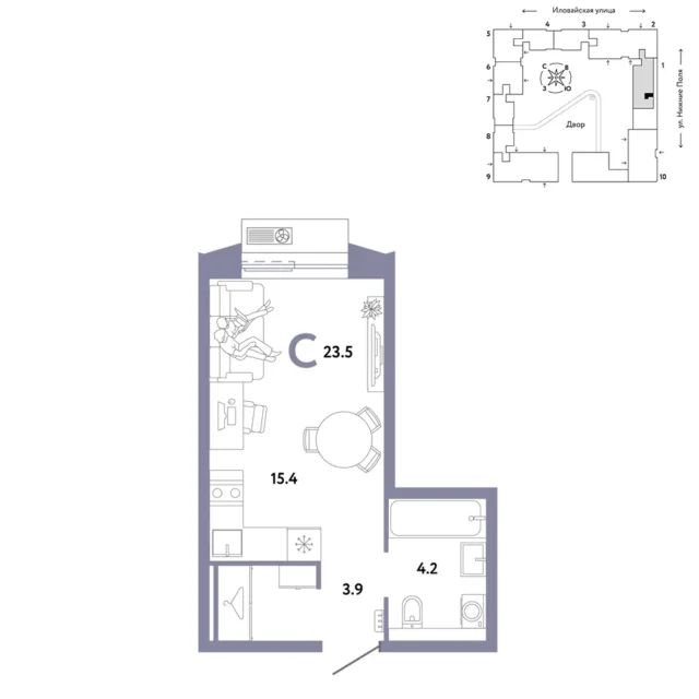 1 комн. Квартира 23.5 кв. м
