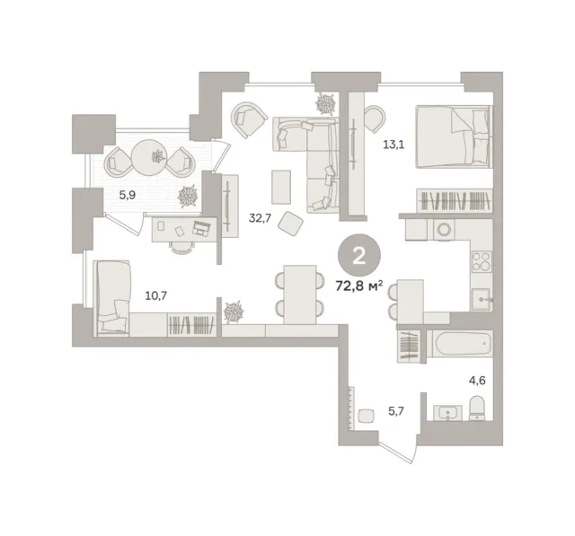2 комн. Квартира 72.8 кв. м