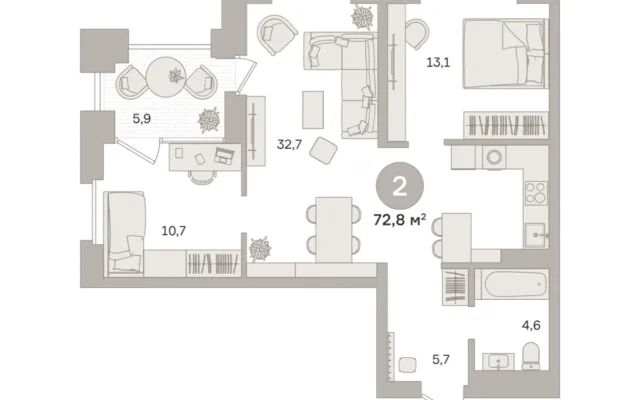 2 комн. Квартира 72.8 кв. м, Московская область Москва