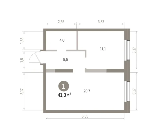 1 комн. Квартира 41.3 кв. м