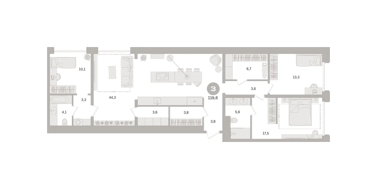 3 комн. Квартира 119.6 кв. м
